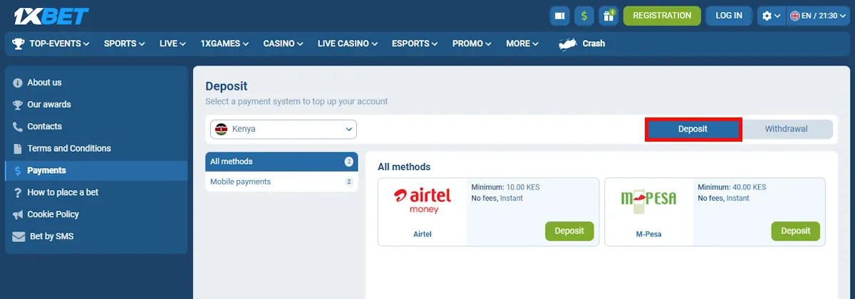 1xBet Deposit options Screenshot